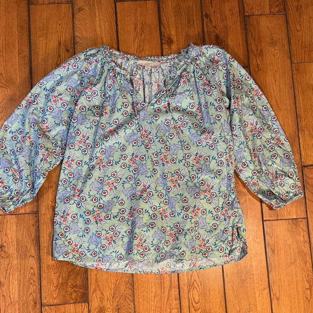 LOFT Light Blue Floral Peasant Top